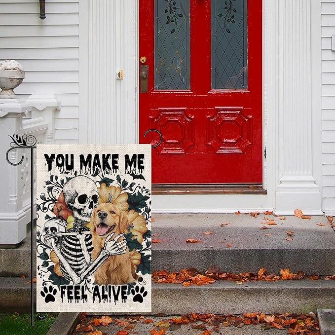 Halloween Garden Flag Skeleton and His Golden Retriever Vertical Double Sided Flags for Holiday Farmhouse Patio Yard Outdoor Party Decor Decorations Gifts - 12.5 x 18 Inch
