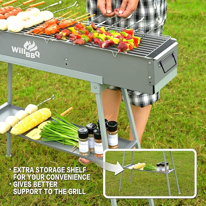 Charcoal Grills Commercial Quality Portable Multiple Size Hibachi BBQ Lamb Skewer Folded Camping Barbecue Grill(39.4x7.1x5.1 inch With Accessories)