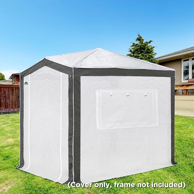 EAGLE PEAK Replacement Cover for 8x6 Pop up Greenhouse with Polyester Reinforced Corners, Front and Rear Roll-Up Zipper Entry Doors and 2 Roll-Up Side Windows (Frame Not Included), Gray/White