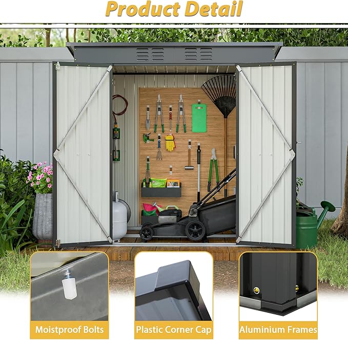 6x4 FT Outdoor Storage Shed,Metal Heavy-Duty Tool Shed with Hinged Door and Padlock,Waterproof Garden Shed W/Vents,All Weather,Foldable House for Garden Backyard,Lawn,Black