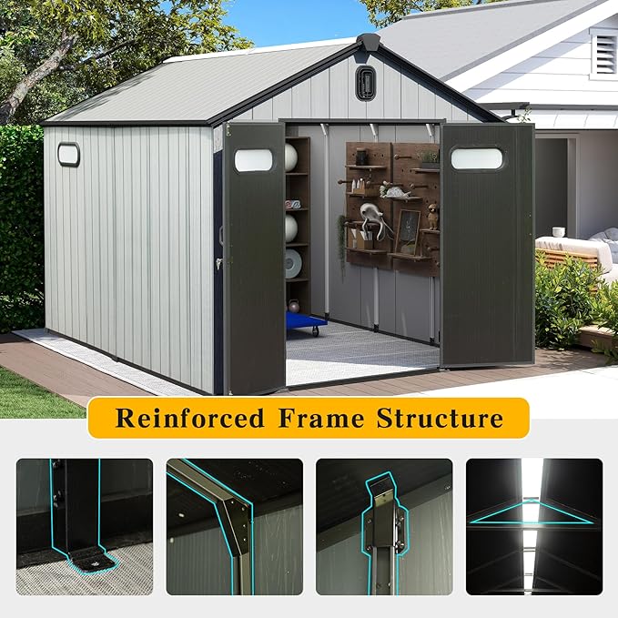 Domi 8x12FT Resin Outdoor Storage Shed with Lockable Door, Waterproof Outside Sheds with Windows & Vents, Heavy-Duty Plastic Tool Storage Shed for Patio Furniture, Lawn Mower, Bike