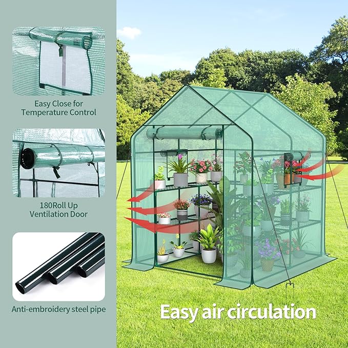 Walk-in Outdoor Greenhouse with 2 Mesh Windows, 4 Tiers, and 10 Shelves - Durable PE Cover, Pegs and Ropes for Stability- Perfect for Outdoor Gardens, Plants, Herbs, and Flowers (56x56x78 Green)