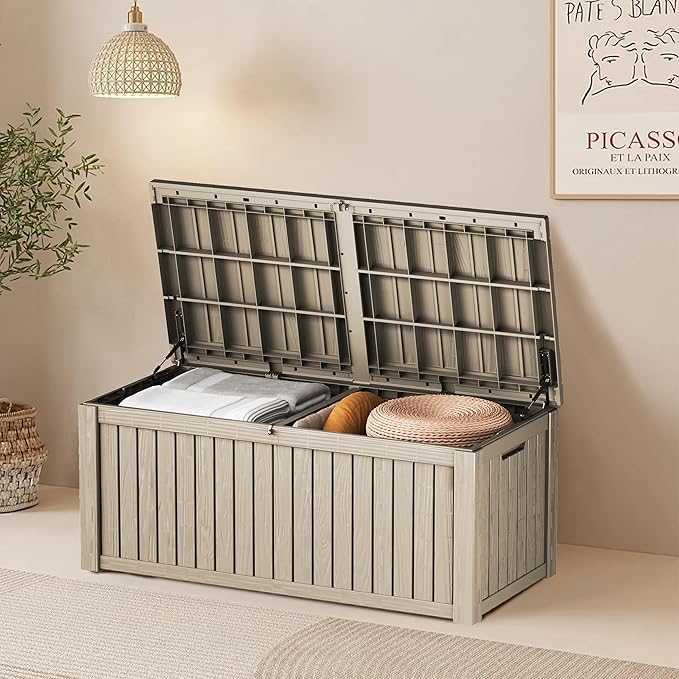 200 Gallon Waterproof Large Resin Deck Box Indoor/Outdoor Lockable Storage Container and Seating for Garden, Pool, and Patio (200 Gallon, Grey)