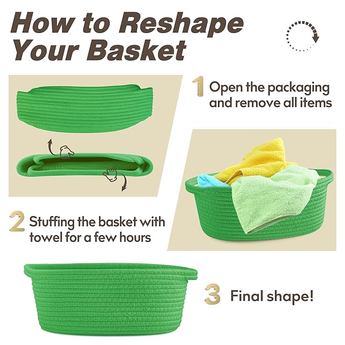 Pro Goleem Small Woven Basket with Gift Bags and Ribbons Durable Baskets for Gifts Empty Small Rope Basket for Storage 12"X 8" X 5" Baby Toy Basket with Handles, Grass Green