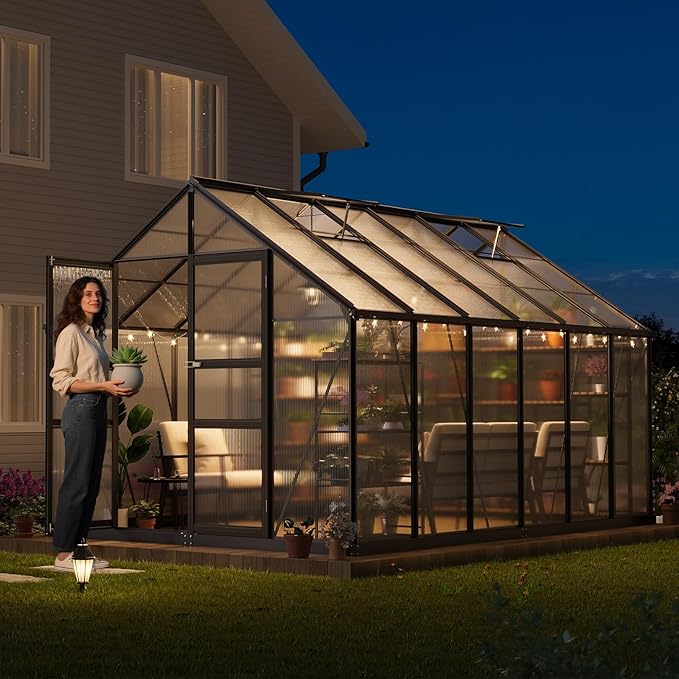 8x12 FT Polycarbonate Greenhouse,Large Walk-in SturdyOutdoor Aluminum Frame Greenhouse with Roof Vent, Lockable Push Door,for Garden, Backyard, Patio & Lawn(Black)