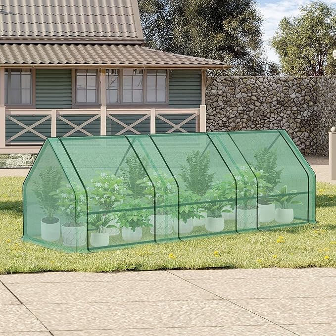 Aoodor 9 x 3 x 3 ft Mini Greenhouse with 3 Zipper Doors, Water-Resistant, UV-Protected for Flowers, Vegetables, and Herbs, Green
