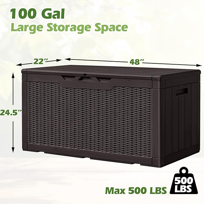 Greesum 100 Gallon Resin Deck Box Large Outdoor Storage, Imitation Rattan Weave Texture for Patio Furniture, Garden Tools, Pool Supplies, Weatherproof and UV Resistant, Lockable, Dark Brown