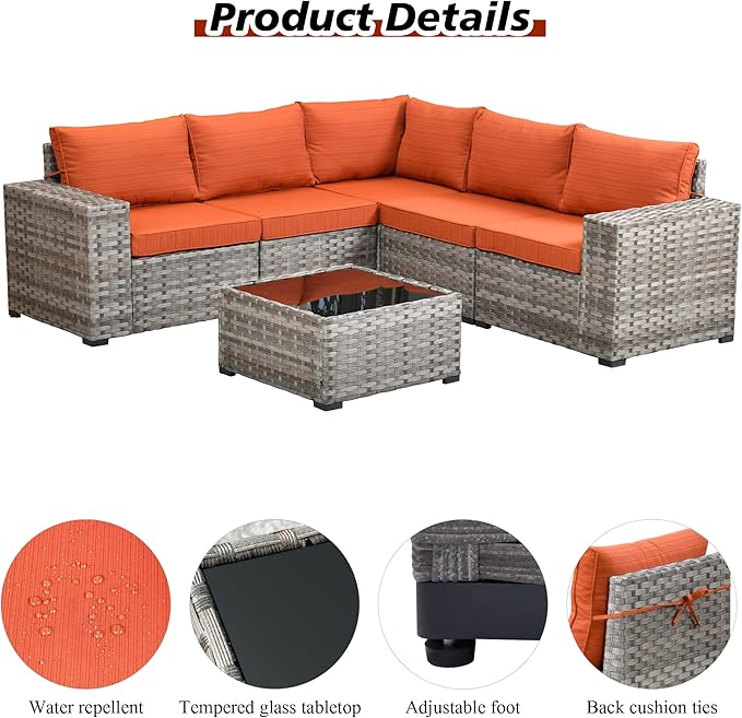 HOOOWOOO Modular Patio Outdoor Sectional Furniture Set,6 Piece Wicker Conversation Sofa Set,Out Door Couch Set with Wide Arm for Outside All Weather(Orange Red)