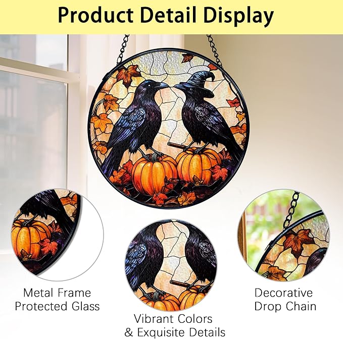 TNUW Halloween Fall Black Raven Stained Glass Window Hanging, Gothic Witchy Crow Pumpkin Sun Catchers Indoor Window Glass Round Wall Art Decor, Halloween Fall Wall Hanging Decorations, 7.9"x7.9"