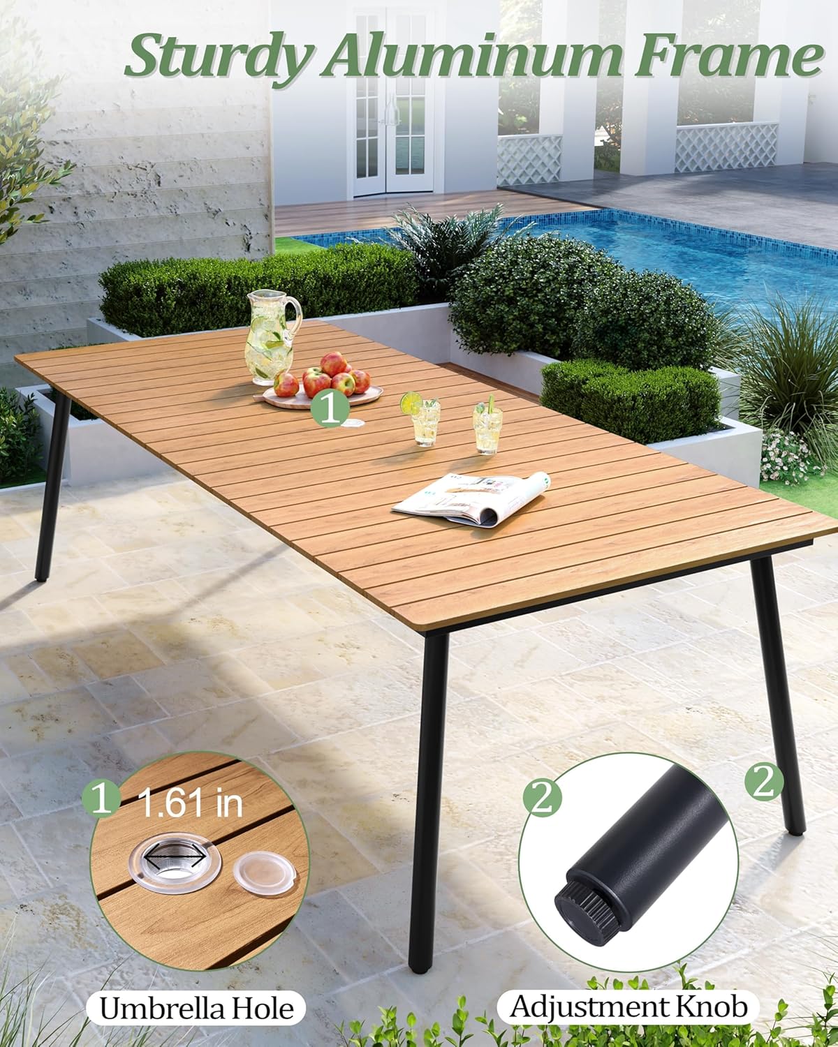 Outdoor Dining Table for 8-10, 94.5 inch Patio Dining Table with Wooden-Like Top and Aluminum Frame, Rectangular Table with Umbrella Hole Outdoor Furniture, Brown