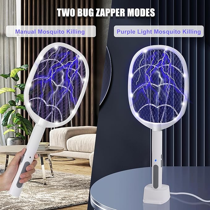 Electric Fly Swatter Rackets, 2-in-1 Handhold Bug Zapper with 3000V High Voltage, Plug-in Mosquito Killer Insect Light Trap with 3 Layer Safety Mesh Portable for Indoor Outdoor Use (2)