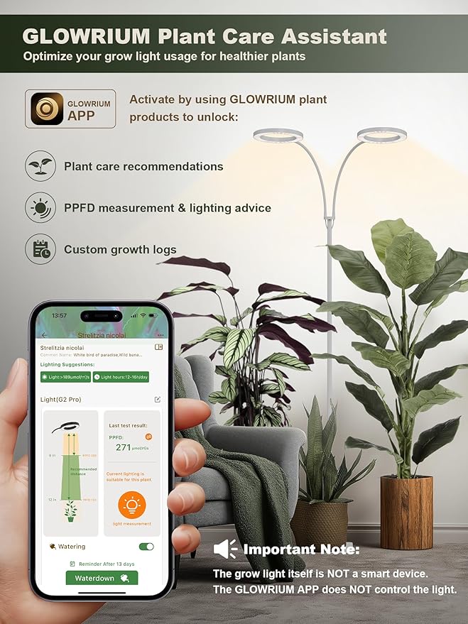 GLOWRIUM 48W LED Dual-Head Grow Light for Indoor Plants, 23.5-71" Adjustable Height, 3-Growing Full Spectrum for Tall Plant Light, 3/9/12/16H Timer, 6-Level Dimming, Ideal for Large Tall Plants