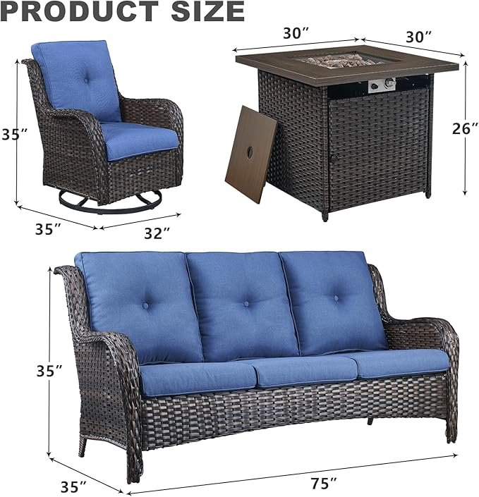 4PCS Modern Blue Patio Set with Swivel Rocking Chairs, Fire Pit Table & Thick Cushions