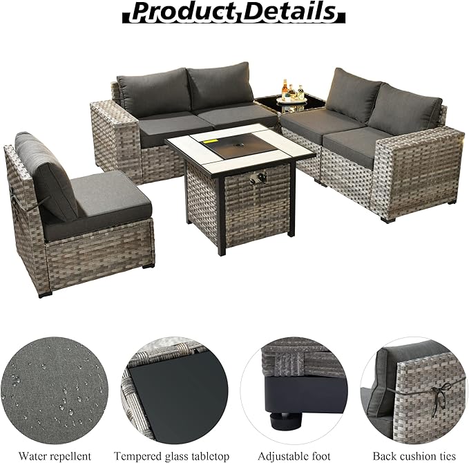HOOOWOOO Modular Patio Outdoor Sectional Furniture Set with Gas Propane Fire Pit Table,7 Piece Wicker Conversation Sofa Set,Out Door Couch Set with Wide Arm Outside(Black)