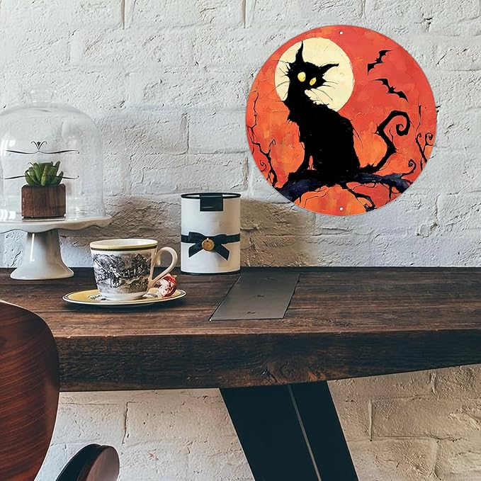 PEACHGARDEN Vintage Halloween Black Cat Round Tin Sign Gothic Decor Wall Art Metal Plaque 12x12inch