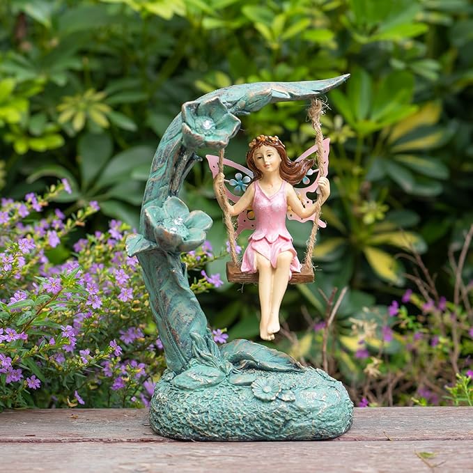 Garden Flower Fairy Outdoor Statue Decor Funny Swing Fairy Ornaments Figurines for Patio Lawn Yard Porch Outside Garden Gifts,9.05 Inches Tall 