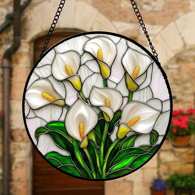 Stained Glass Window Hanging, White Calla Lily Suncatcher Diamond Glass Panel Hangings Flowers Sun Catchers Decor for Birthday for Women, Men, Wife, Aunt, and Mom 7.8 in