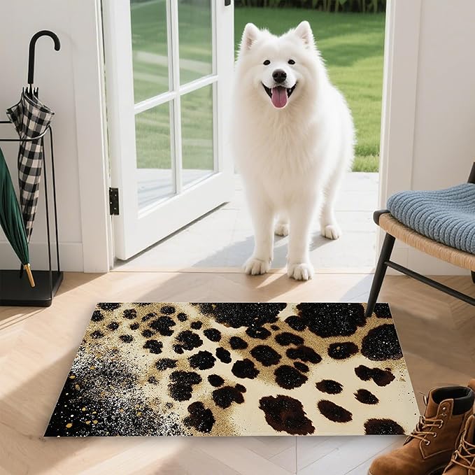 Front Door Mat,Brown Leopard Doormat Outside Entrance,Non-Slip Gold Glitter Entryway Rug for Porch Patio, Felt Low Profile Welcome Mat Indoor for Hallways, 30 x 17 Inch