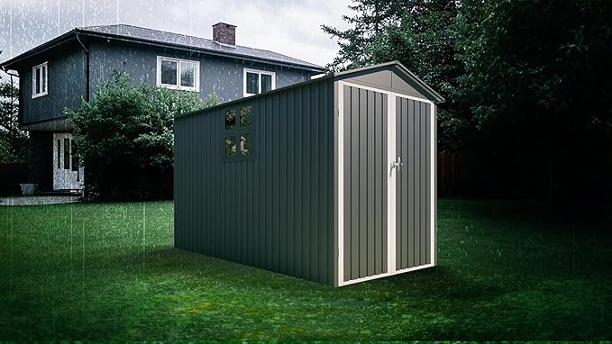 6x10 FT Outdoor Storage Shed, Metal Motorcycle Shed with Window, Storage Building with Lockable Hinged Doors & Sloped Roof, Waterproof Outside Garage Sheds for Garden, Backyard, Patio, Gray+White