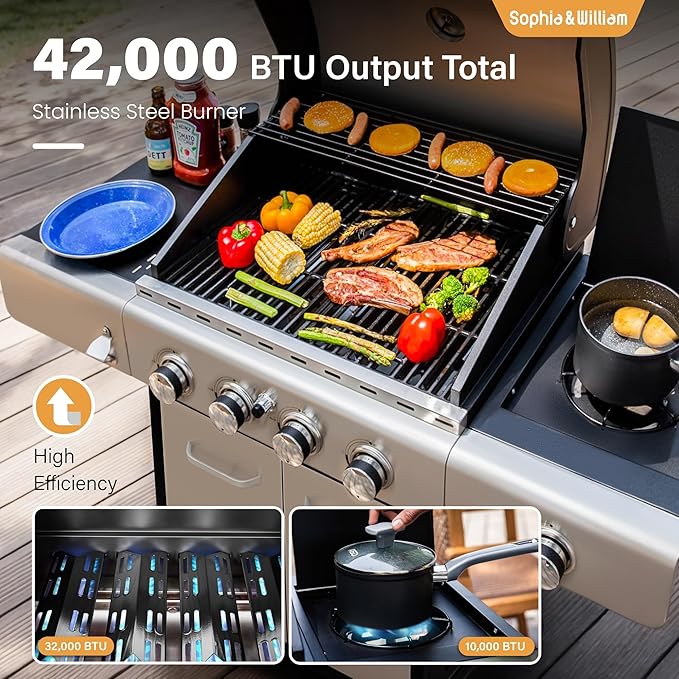 Sophia & William 4-Burner Propane Gas BBQ Grill with Side Burner and Porcelain-Enameled Cast Iron Grates, Stainless Steel Barbecue Grills Outdoor Cooking, Silver Cabinet Style, 42,000BTU