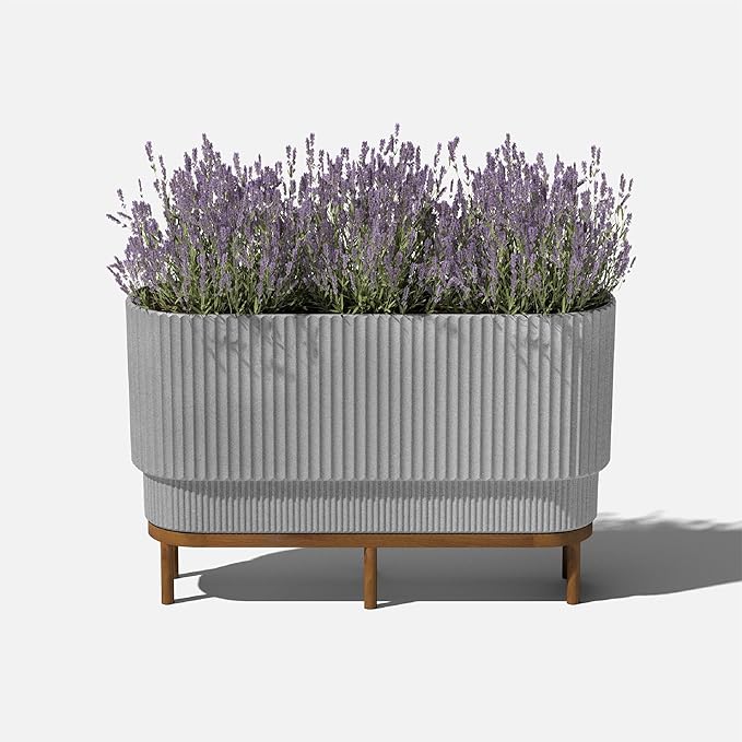 Veradek Demi Series Raised Long Planter for Indoor/Outdoor Use | Made from Plastic & Stone w/Wooden Stand | Modern Patio Décor for Flowers/Shrubs