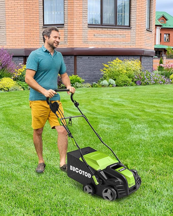 2-in-1 16-Inch Dethatcher & Scarifier Electric Corded, 15 Amp Copper Motor, Electric Lawn Dethatcher with 5-Position Depth Adjustment, 14.5 gal Thatch Bag,Walk Behind for Yard Lawn Garden Care