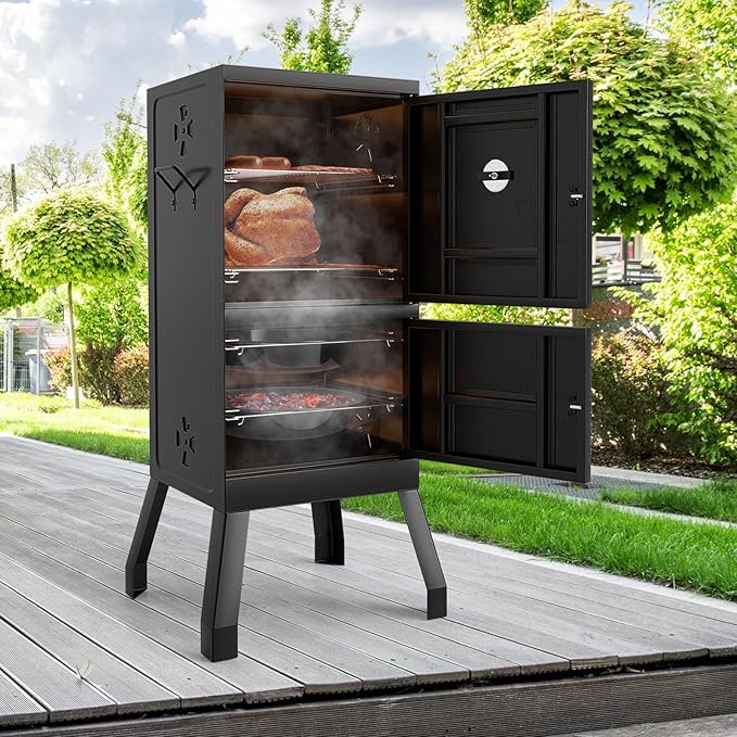 Charcoal Smoker Outdoor, Vertical BBQ Smoker with Thermostat, 2 Access Doors, 2 Cooking Grates, 2 Removable Pans & 4 Air Vents, Meat Smokers Grill for Parties, Barbecues and Backyard