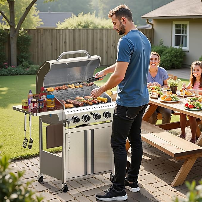 4-Burner Gas Grill,Propane Grill with Folding Side Shelf,Heavy-Duty Thickened Stainless Steel Grill,32,000 BTU BBQ Grill for Outdoor Cooking,Barbecue,Garden and Patio Backyard