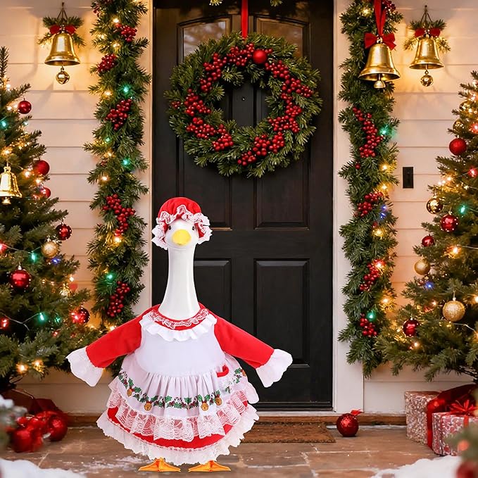 2 Pcs/Set Christmas Mrs. Claus Porch Goose Outfits, Lawn Goose Statue Mrs. Claus Costume, Red Green White Christmas Garden Goose Clothes Dress and Hat for 23" High Statue Xmas Holiday Patio Yard Decor