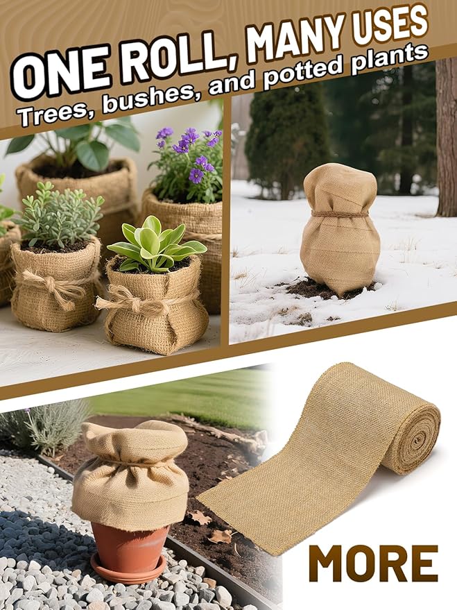ANPHSIN Natural Jute Burlap Tree Wraps for Winter Protection - 4.7in × 16.4ft Burlap Rolls, Tree Trunk Guard Wrap, Plants Antifreeze Bandage to Protect Bark & Keep Plants Warm, 2 Rolls