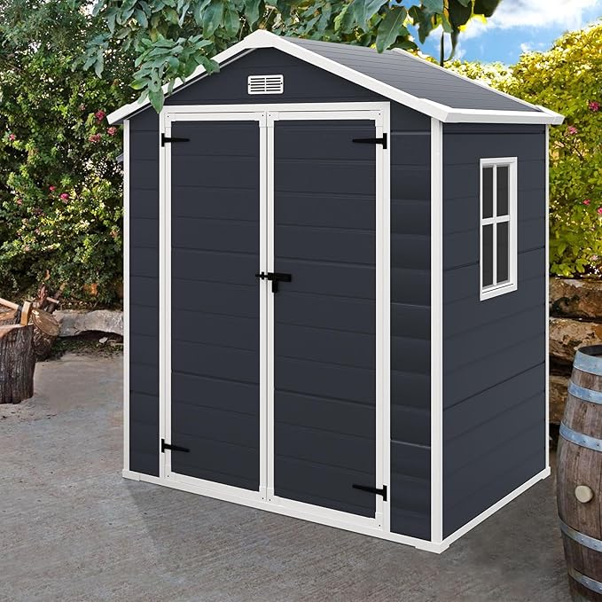 Outdoor Storage Shed 6x4.4FT, Resin Shed Plastic with Floor for Garden Tool,Waterproof Outdoor Resin Storage,Lockable Doors for Patio,Yard,Lawn (Darkgray 6x4)