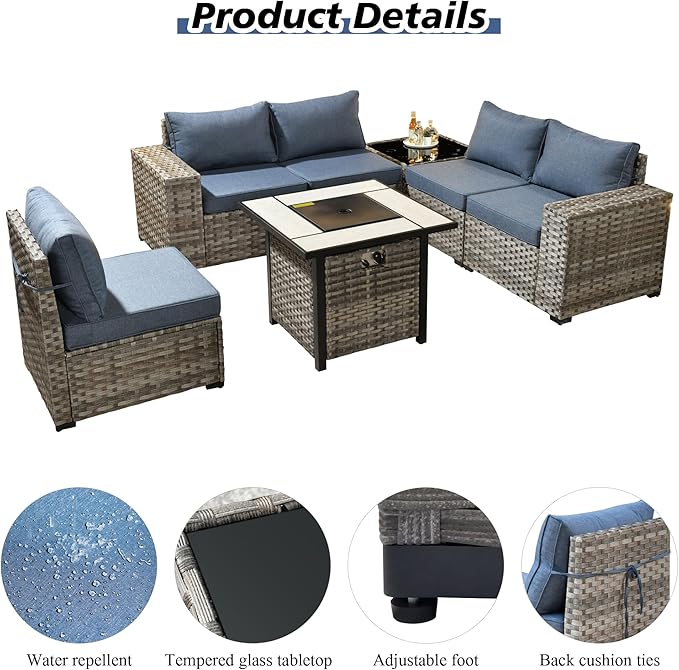 HOOOWOOO Modular Patio Outdoor Sectional Furniture Set with Gas Propane Fire Pit Table,7 Piece Wicker Conversation Sofa Set,Out Door Couch Set with Wide Arm Outside(Denim Blue)