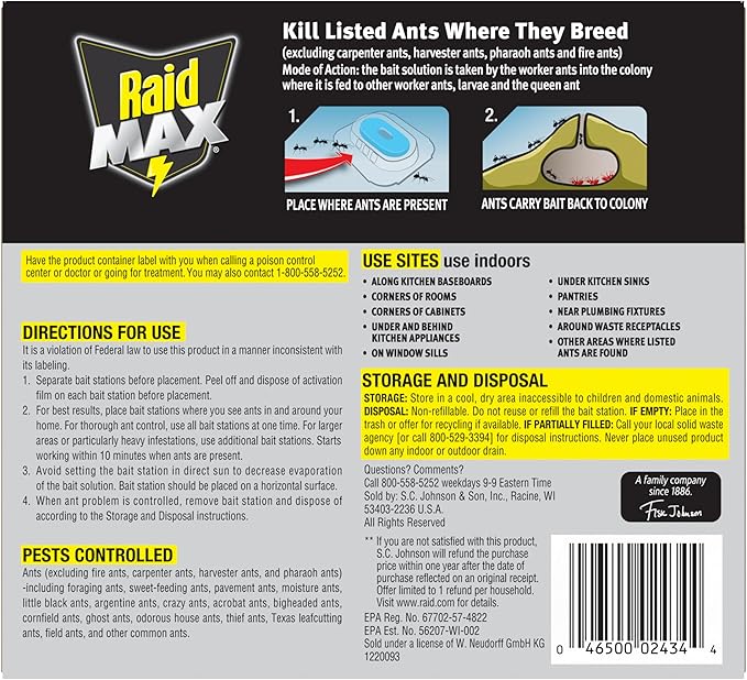 Raid Max Liquid Ant Bait; Kills Ants Where They Breed, for Indoor and Outdoor Use; 4 Bait Stations