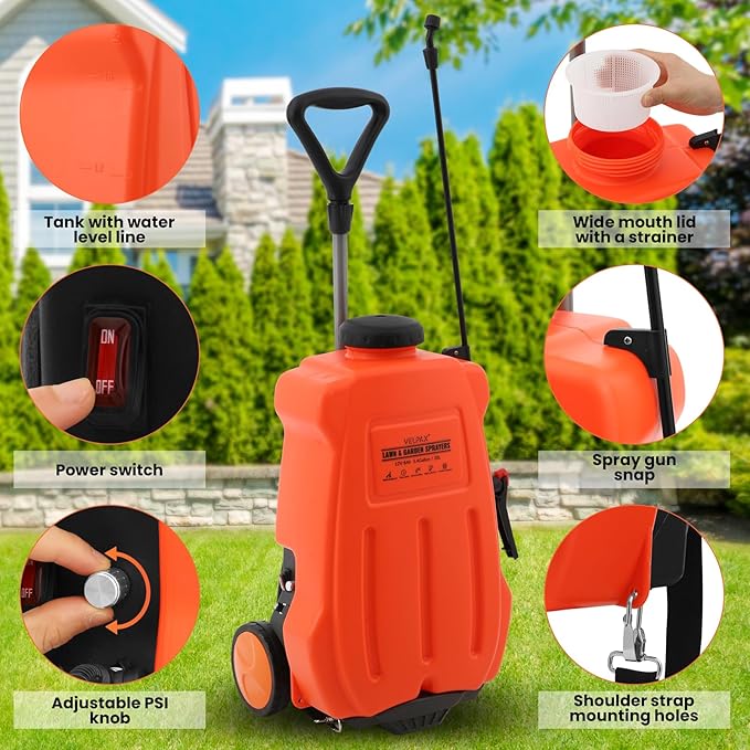 Battery Powered Backpack Sprayer 5.4 Gallon,Adjustable Wheeled Cart, 0-94 PSI,6 Hours Long Battery Life,12V 8Ah Battery,Backpack Sprayer with 4 Nozzles for Weeding, Spraying, Cleaning