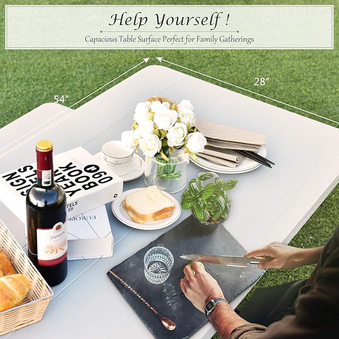 Giantex Picnic Table Bench Set Outdoor Camping All Weather Metal Base Wood-Like Texture Backyard Poolside Dining Party Garden Patio Lawn Deck Large Camping Picnic Tables for Adult (White)