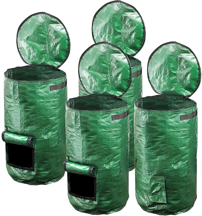 4 Pack 34 Gallons Reusable Yard Waste Bags, Leaf Lawn Collector Containers with Lid and Handles, Heavy Duty Collapsible Compost Bins with Bottom Window for Outdoor Debris Wet Leaves Grass