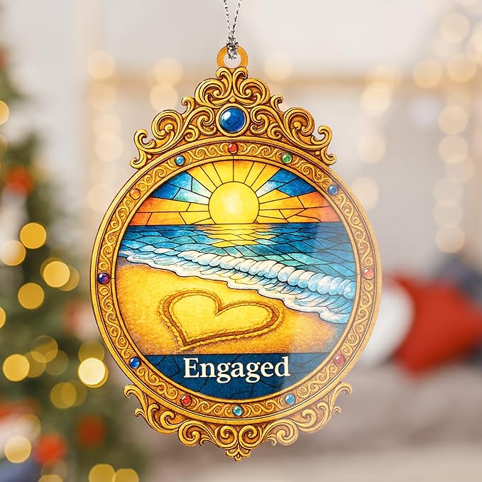 Engaged 2024 Beach Sunset Ornament – engagement ornament – wedding gifts – romantic decor – christmas ornament – Suncatcher effect window hanging – Car Hanging