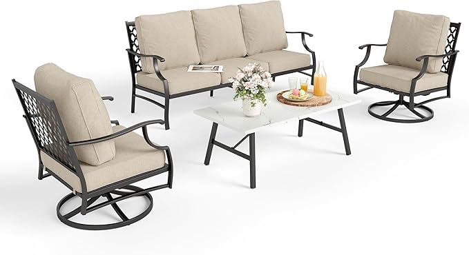 Patio Furniture Set 4 pcs, Metal Outdoor Patio Furniture, 3-Seat Sofa, 2 Swivel Chairs, Metal Coffee Table and 5.75" Extra Thick Cushion, Patio Conversation Set,Beige
