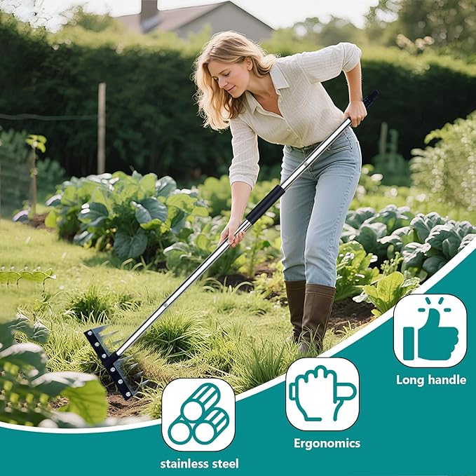 Garden Rake, 8 Tines Garden Weeding Rake with Sharp Blade with Steel Adjustable Handle (31'' to 63''), Garden Weed Puller Tool for Clearing Weed, Loosening Soil and Flower Beds