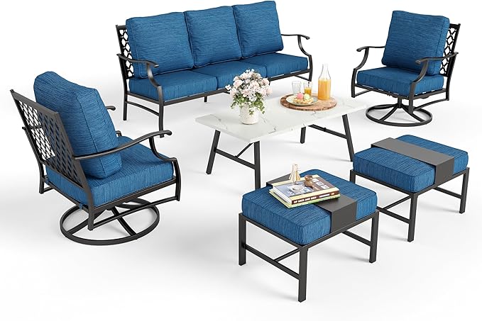 Patio Furniture Set 6 pcs, Outdoor Patio Furniture, 3-Seat Sofa, 2 Swivel Chairs, 2 Ottomans, Coffee Table and 5.75" Extra Thick Cushion, Conversation Set for Backyard Deck, Gemstone Blue