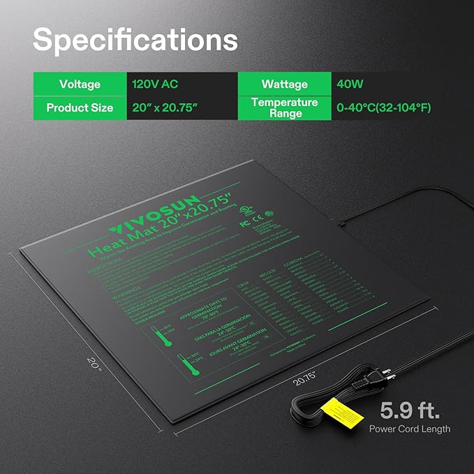 VIVOSUN Durable Waterproof Seedling Heat Mat 20" x 20.75" UL & MET-Certified Warm Hydroponic Heating Pad for Germination, Indoor Gardening, Greenhouse