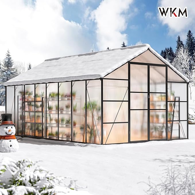 WKM 10x16 FT Greenhouse for Outdoors, Polycarbonate Greenhouse with Roof Vent and Quick Setup Structure, Enhanced Aluminum Greenhouse for Garden Backyard, Black