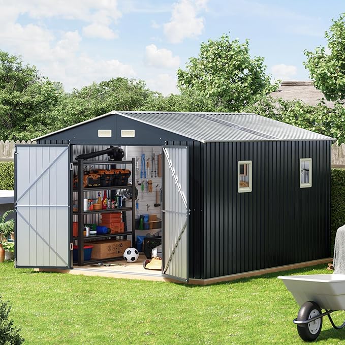 10x12 FT Outdoor Metal Storage Shed, Double Swing Doors, 2 Clear Windows, Replaceable Skylight Roof Panel, Tool Shed for Garden, Patio, Backyard