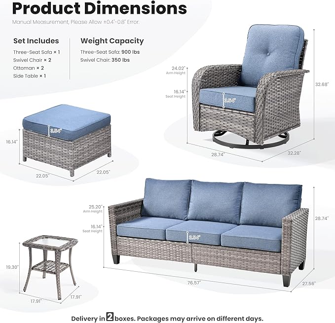 ovios 6 Pieces Patio Furniture Set, Outdoor Wicker Sofa Couch with Rocking Swivel Chairs Comfy Cushions, Modern Deep Seat Rattan Conversation Sets for Porch Deck, Denim Blue