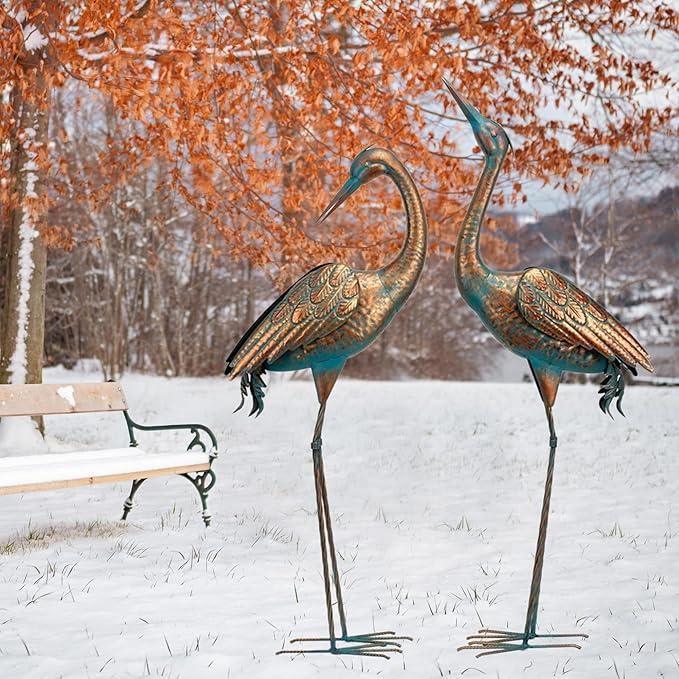 chisheen Garden Crane Statues Blue Heron Metal Yard Art Outdoor Decoration,Large Sculptures for Lawn Patio Porch,39-44 inch,Set of 2
