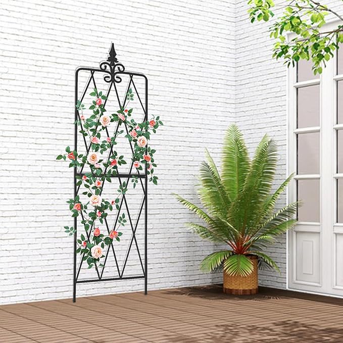 Garden Trellis for Climbing Plants Outdoor, Metal Garden Trellises, Decorative Garden Fencing Flower Trellis with Durable Powder Coating for Vines Plant Rose, Vegetable Support, Black (4, Pattern-A)