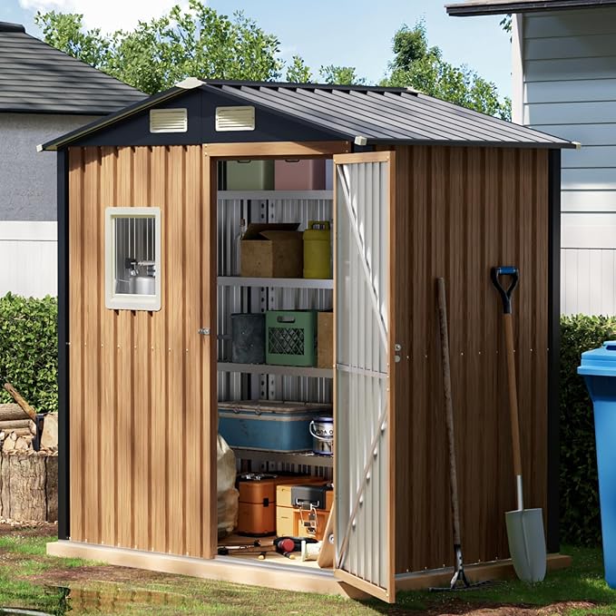 6X4FT Garden Storage Shed with Lockable Door,Steel Tool Shed with 1 Clear Window, Anti-Corrosion Metal Shed for Backyard Patio Lawn (Light Wood Grain)
