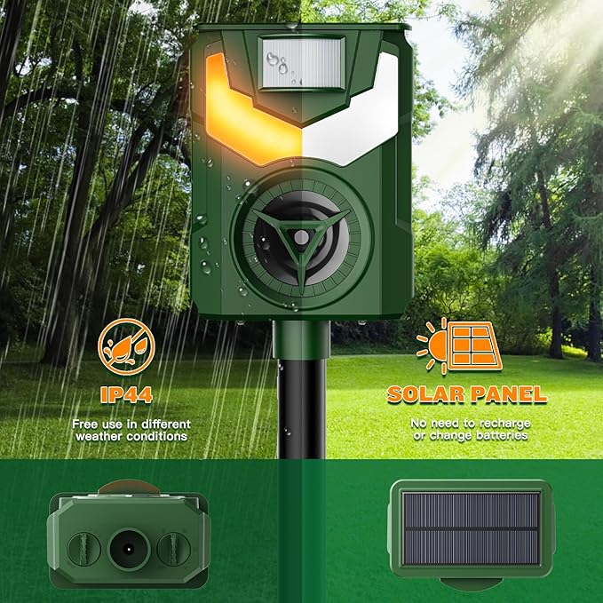 2 Pack of X-PEST Solar-Powered Ultrasonic Animal Repellent for Outdoor Yard, Waterproof Cat Deterrent with LED Flashing Lights and Motion Sensor,Effective to Repel Cats, Coyotes, Raccoons, and Deer
