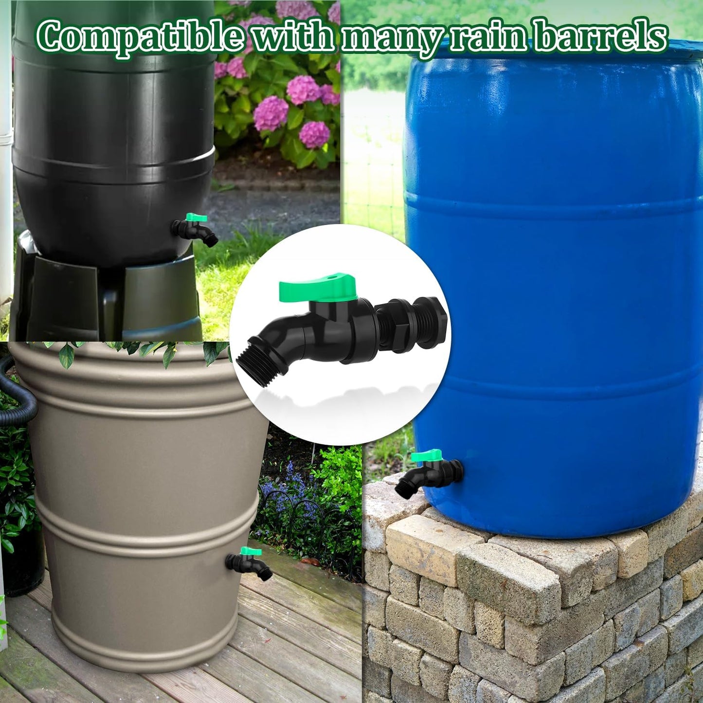 Plastics Rain Barrel Spigot Kit High Flow Valve Core Water Tank Faucet+PVC Bulkhead Fitting 1/2" NPT to 3/4" GHT Rain Barrel Spigot for Plastic Bucket Rainwater Drum Container Downspout Collector in