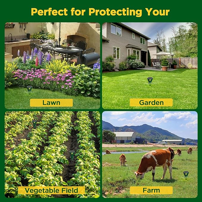 Mole Repellent Solar Powered 4 Pack, Snake Vole Repellent Outdoor, IP65 Waterproof Snake Deterrent Gopher, Waterproof Sonic Mole Spikes for Lawn and Garden, Get Rid of Moles, Groundhogs, and Rodents